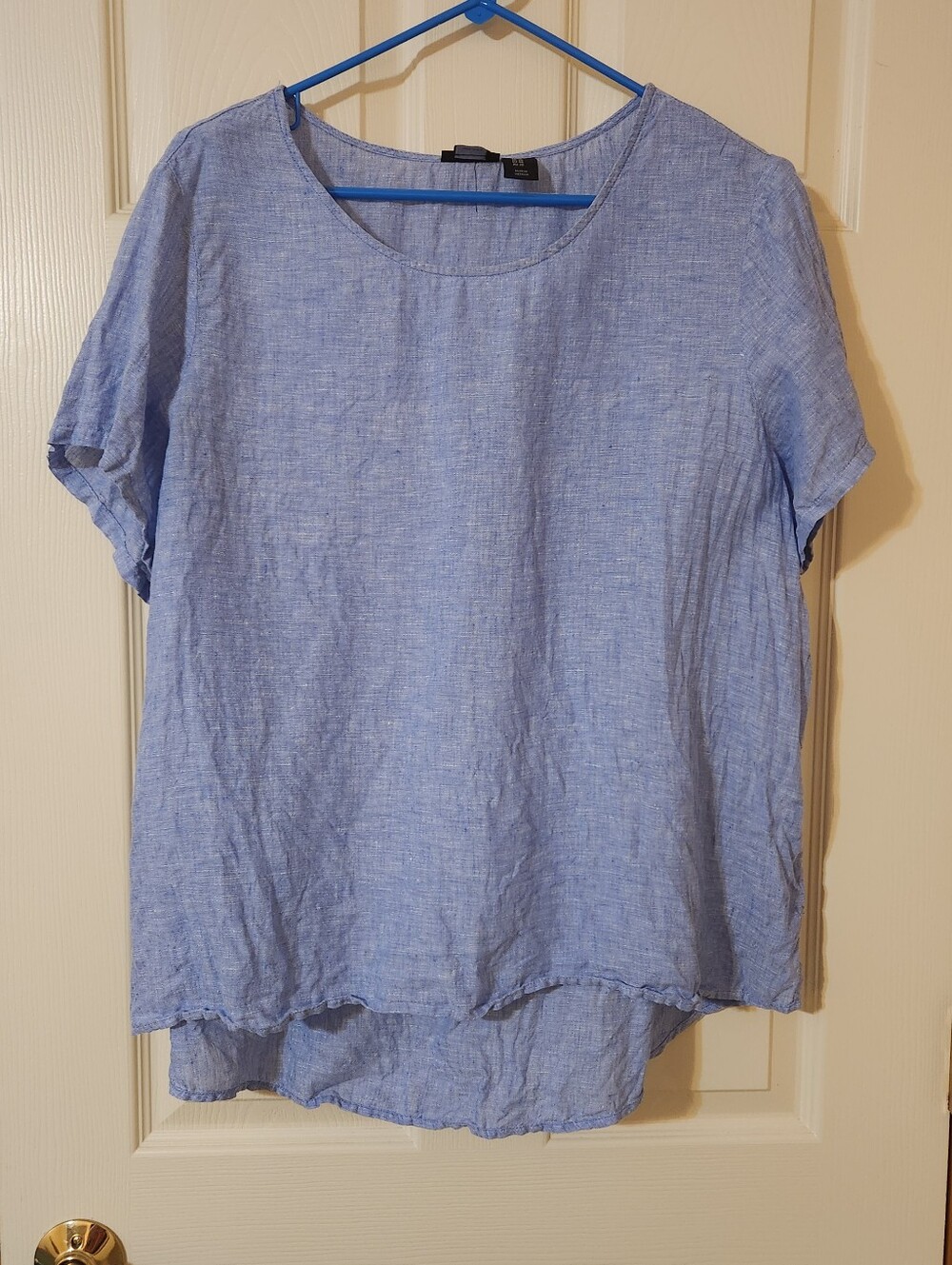 Tahari Women SZ 1x 100% Linen Short Sleeve Chambray Blue Pullover Top Coastal